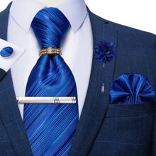 6 件/套男士领带条纹蓝色花卉领带手帕方形环夹胸花婚礼时尚（随机戒指）