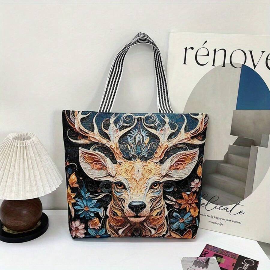 Women  Style Tote Bag Embroidery Shoulder Bag Ladies Cotton Linen Shopping Handbag - C - View 1