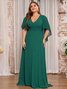 Women Plus Size V-Neck Ruffle Sleeve Chiffon Bridesmaid Dress - Green - View 3