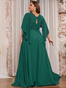 Women Plus Size V-Neck Ruffle Sleeve Chiffon Bridesmaid Dress - Green - View 2