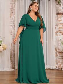 Women Plus Size V-Neck Ruffle Sleeve Chiffon Bridesmaid Dress - Green - View 4