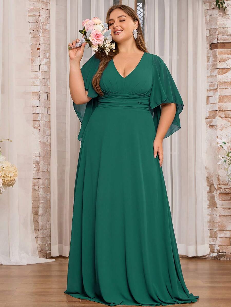 Women Plus Size V-Neck Ruffle Sleeve Chiffon Bridesmaid Dress - Green - View 1
