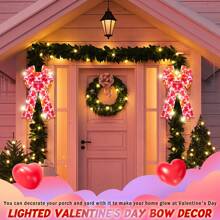 2 Pcs Valentines Bows Lighted Wreath Bow Outdoor LED Lights Burlap Bow Large Pink Heart Printed Bows Tree Topper For Valentine's Day Party Gifts Indoor Outdoor Door Wall Decor - 彩色 - 查看 3
