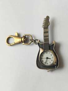 1 件经典复古吉他怀表创意青铜钥匙扣新奇石英表汽车钥匙扣吊坠包配件毕业礼物护士表，怀表链时尚吉他形扣表精致个性化夹式设计手表复古怀表 - 銅色 - 查看 2