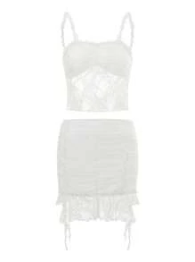 Conjunto de falda para mujer, camisola de encaje con espalda descubierta y minifalda ajustada, atuendo de verano para fiesta y club. - Blanco - Ver 5