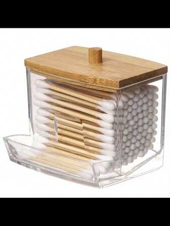 1/2 件装亚克力棉签架，带竹盖，透明小棉签分配器，塑料耳签棉签架，牙签收纳盒，浴室台面装饰收纳盒