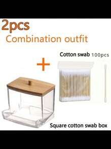 1/2pcs Acrylic Qtip Holder With Bamboo Lid, Clear Small Swab Dispenser, Plastic Ear Stick Swabs Holder, Toothpick Storage Container, Bathroom Countertop Decorative Storage Organizer - Multicolor - View 4