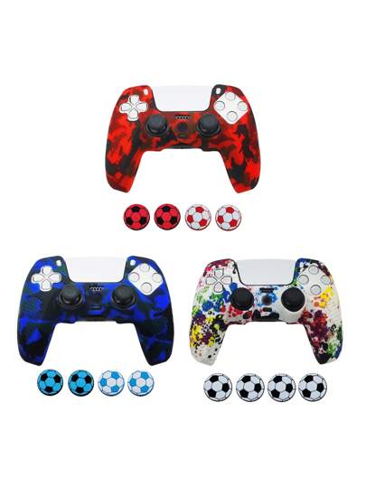 1 conjunto de capa para controle do PlayStation 5 + 4 peças de tampas de joystick com tema de futebol, design de impressão por transferência de água, antiderrapante, antirriscos, absorvente de suor para melhorar a experiência de jogo, grande abertura inferior para conexão de estação de carregamento