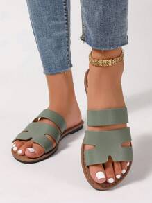 Dép xăng đan mũi tròn cỡ lớn, trang phục ngoài trời mùa xuân/hè, dép quai ngang không gây mỏi, dép đi biển đế bằng chống trượt chống mài mòn như tiên nữ - Màu xanh Ô liu - Xem 3