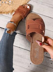 大码欧码圆头一脚蹬凉鞋，春夏季舒适系带拖鞋，防滑户外休闲沙滩平底凉鞋，时尚女鞋