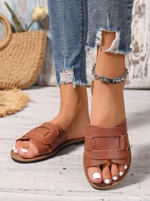 大码欧码圆头一脚蹬凉鞋，春夏季舒适系带拖鞋，防滑户外休闲沙滩平底凉鞋，时尚女鞋