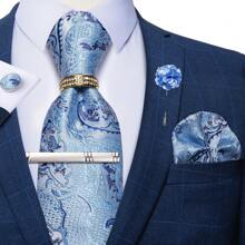 6 件/套男士领带条纹蓝色花卉领带手帕方形环夹胸花婚礼时尚（随机戒指）