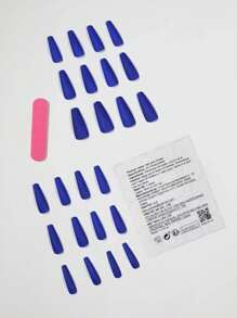 Elevate Your Style With 24pcs Long Coffin Klein Blue Solid Matte Fake Nail & 1pc Nail File & 1sheet Tape Press On Nails Nail Supplies - Blue - View 2