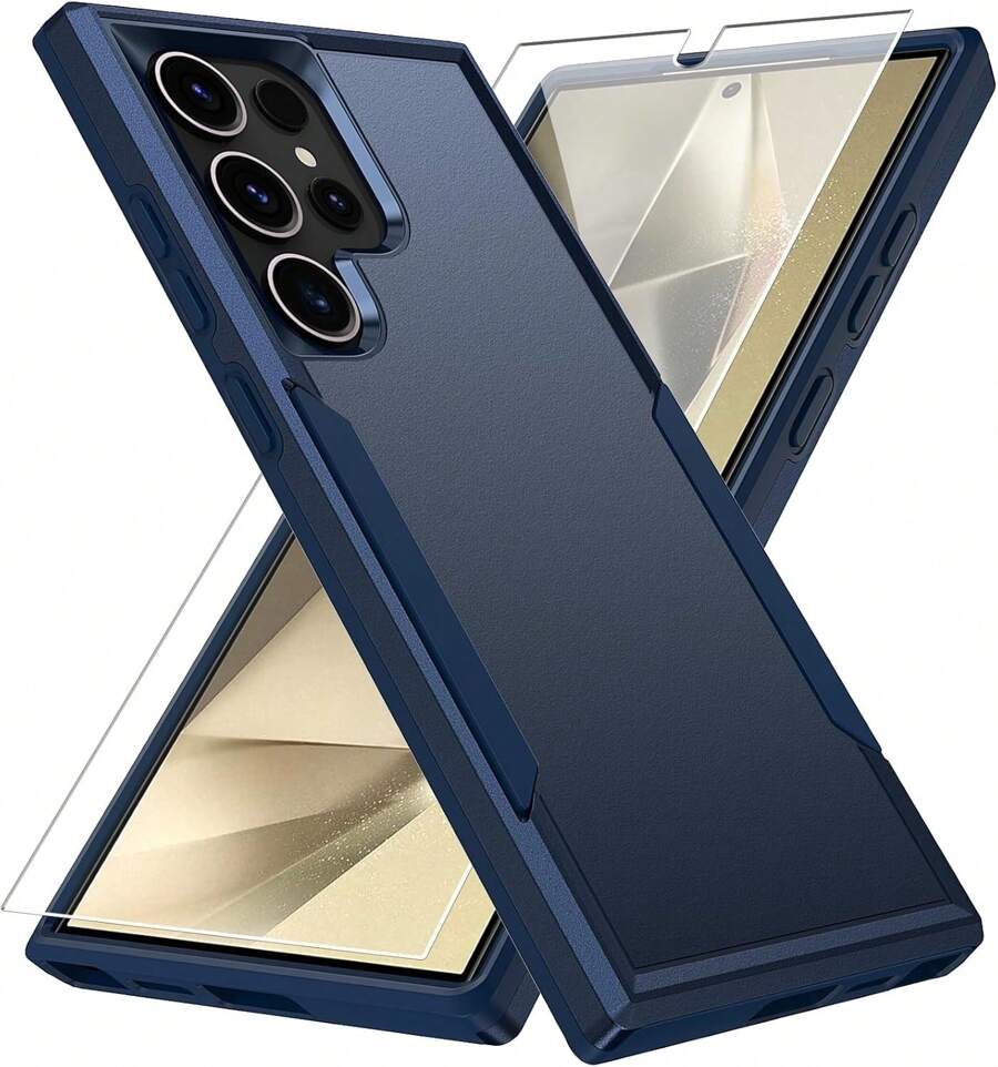 Heavy Duty Phone Case Designed For Galaxy Series Case With 1Pc Tempered Glass Screen Protector, Shockproof Dropproof Anti-Scratch Phone Case Cover For Galaxy Series - Màu xanh hải quân - Xem 1