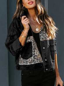 Women's Long Sleeve Denim Jacket With Leopard Print Patchwork