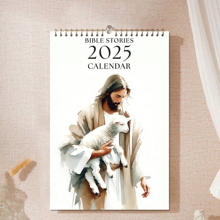 2025 Christian Bible Stories Wall Calendar, 1pc Jesus-Themed Monthly Planner, Religious Art Illustrations, Paper Material, Christian Home Decor, Spiritual Gift Idea, Christmas Gifts - Multicolor - View 1