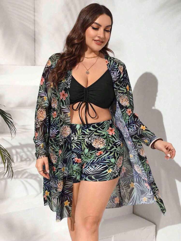 Conjunto de traje de baño estampado tropical de talla grande top de tirantes con cordón y kimono de verano para mujer moda 3 piezas - Negro - Añade 5