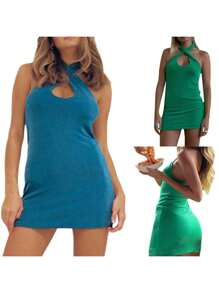 Women Fashion Halter Backless Dress Stylish Sleeveless Solid Color Dress For Party - Blue - View 5