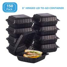 150 Pack 8x8", Single Compartment Disposable Takeaway Box Containers, Heavy Duty To-Go Disposable Lunch Box, Plastic Flip Top Takeaway Food Trays, Microwavable, Cut Resistant, Stable Hinged Lid, Black - 黑色-8*8in - 查看 1