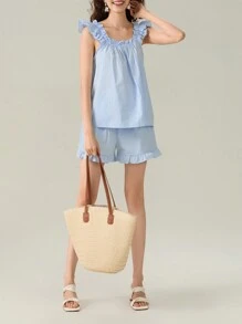 Women Summer 2Pcs Clothes Sets Sleeveless Backless Sling Vest + Solid Color Ruffle Fly Trim Shorts Outfit Loungewear - Blue - View 2