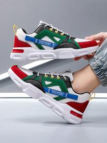 男士撞色字母印花系带低帮运动鞋，时尚舒适百搭，休闲日常滑板鞋，适合搭配牛仔裤和运动服 - 白紅 - 查看 7