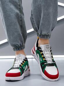 男士撞色字母印花系带低帮运动鞋，时尚舒适百搭，休闲日常滑板鞋，适合搭配牛仔裤和运动服 - 白紅 - 查看 10