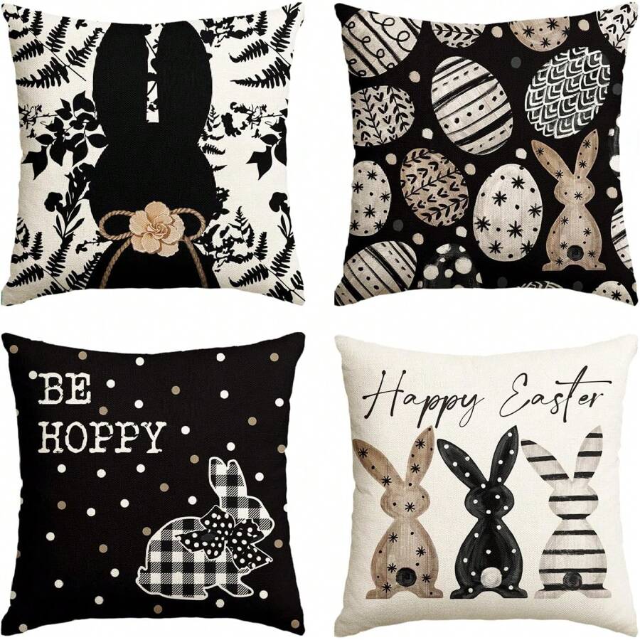 4pcs Easter Bunny Egg Black Pillow Case, Sofa Cover, Single-Sided No Pillow Insert - Black - View 1