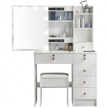 Vanity Dressing Table Set Bedroom Makeup Desk With LED Light Mirror Drawer Stool - White - View 8