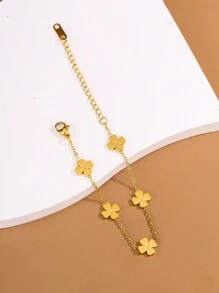 1pc Elegant & Refreshing Stainless Steel Hollow Clover Charm Chain Bracelet, Suitable For Women's Daily Wear Or Party, Great Gift For Festivals - Yellow Gold - View 8