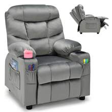Homasis Kids Youth Recliner Chair Velvet Fabric W/Cup Holder & Side Pocket - Grey - View 1