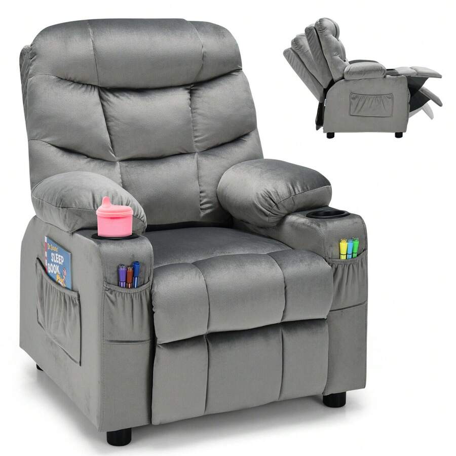 Homasis Kids Youth Recliner Chair Velvet Fabric W/Cup Holder & Side Pocket - Grey - View 1