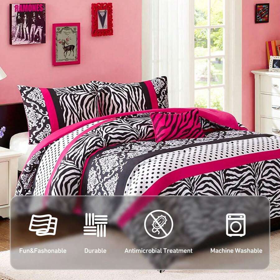 Bộ chăn ga gối đệm, Bộ chăn ga gối đệm êm ái hiện đại nhẹ cho mọi mùa, In họa tiết chấm bi, Chăn bông ấm cúng màu sắc rực rỡ với những chiếc chăn phù hợp, Gối trang trí, Màu hồng ngựa vằn/Da báo, Trang trí phòng ngủ vui nhộn cho người lớn, Bé trai/gái trẻ, Trẻ em, Trẻ em - Hồng - Xem 1