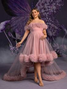 Plus Maternity Ruffle Trim Off Shoulder High Low Hem Tulle Photography Dress - Dusty Pink - View 4
