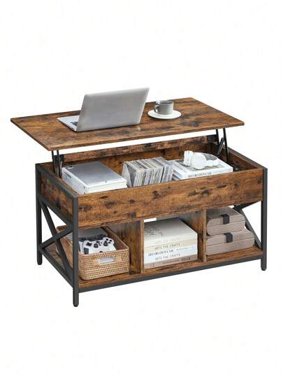  VASAGLE Mesa de Centro Elevable para Salón Mesa de Café Industrial con Compartimentos Ocultos y Estante Marco de Acero 50 x 100 x (465-62) cm Marrón Rústico y Negro