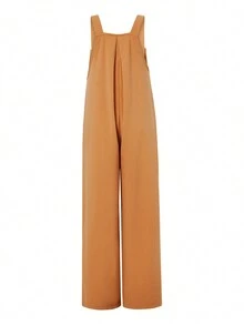 Womens Fashion Solid Color Jumpsuit Casual Button Wide Leg Suspender Overalls With Pockets - 芥末黃 - 查看 4