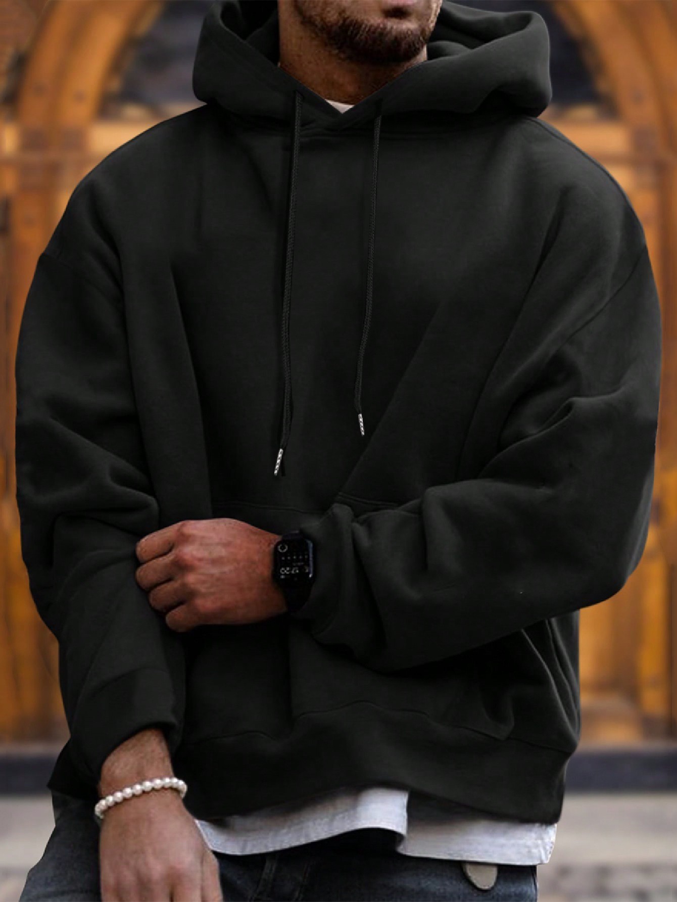 Men's Casual Solid Color Pullover Hoodie With Kangaroo Pocket Drawstring, Thermal Lined For Autumn/Winter