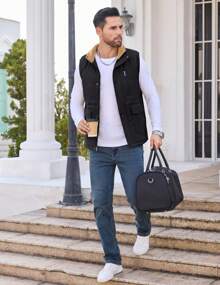 Cotrasen Men's Casual Vest Coat Winter Padded Lined Warm Sleeveless Jacket Multi-Pocket Outdoor Work Jacket - Black - View 4