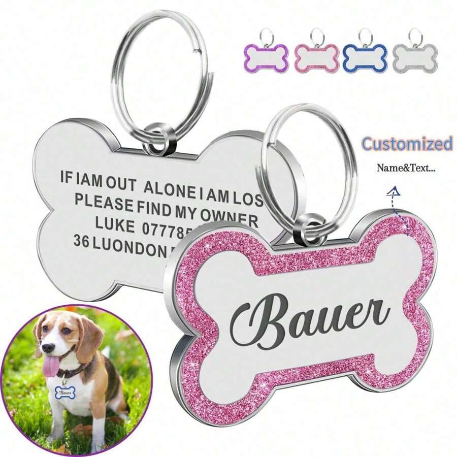 Dog Tags Engraved For Pets Personalized Dog Tag With Any Name & Text Dog Collar Custom Glitter Dog Name Tag Bone Dog ID Tag For Puppy Pets