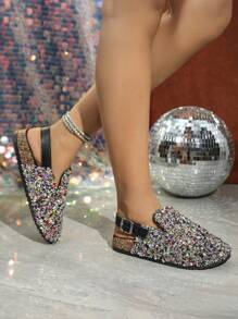 roulvxiang 秋冬新款女士平底凉鞋，包头穆勒鞋，带水钻的休闲一脚蹬水鞋，厚底女士平底凉鞋