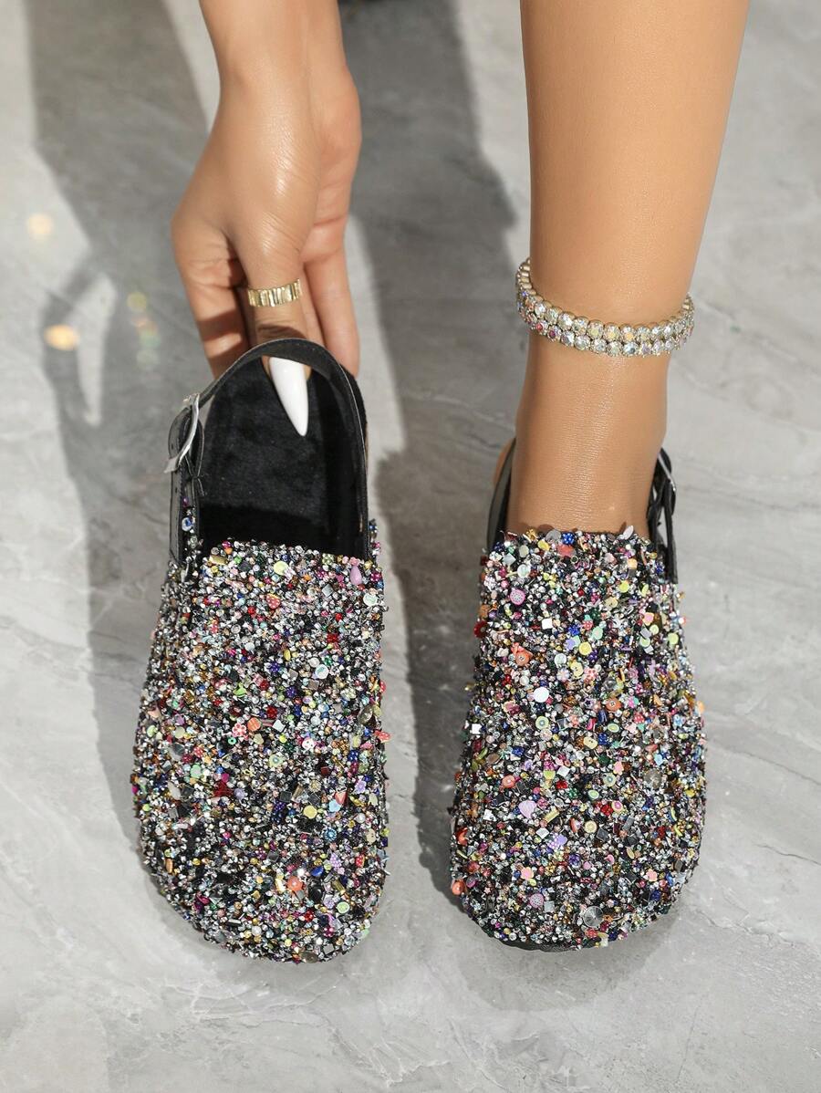 roulvxiang 秋冬新款女士平底凉鞋，包头穆勒鞋，带水钻的休闲一脚蹬水鞋，厚底女士平底凉鞋