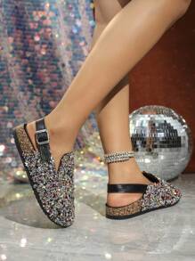 roulvxiang 秋冬新款女士平底凉鞋，包头穆勒鞋，带水钻的休闲一脚蹬水鞋，厚底女士平底凉鞋