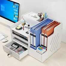 2 In 1 Office Desk Filing Storage & Pen Holder Organiser Table Wooden Tidy Case