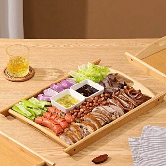 1 件套酒店烤羊排盘，包括茶杯、茶盘、开胃菜托盘、矩形竹制烤盘，家庭使用