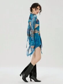 Women Y2k Butterfly Outfit 3 Piece Backless Long Sleeve Crop Top Mini Skirt Sets Rave Festival Fairy Streetwear Fairycore Beach Club - 藍色 - 查看 5