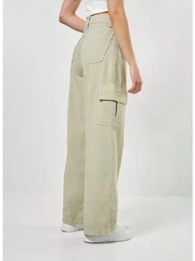 Women's Wide Leg Cargo Jeans High Waist Thick Fabric Pantaloons Line - 米色 - 查看 2