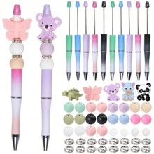 5 件套豪华硅胶串珠笔套件，卡通熊猫、考拉形状硅胶珠，各种款式硅胶焦点珠，多色珠子 DIY 套装，黑色墨水，适合女性办公室和学校（珠笔颜色随机） - DIY串珠筆套裝 - 查看 2