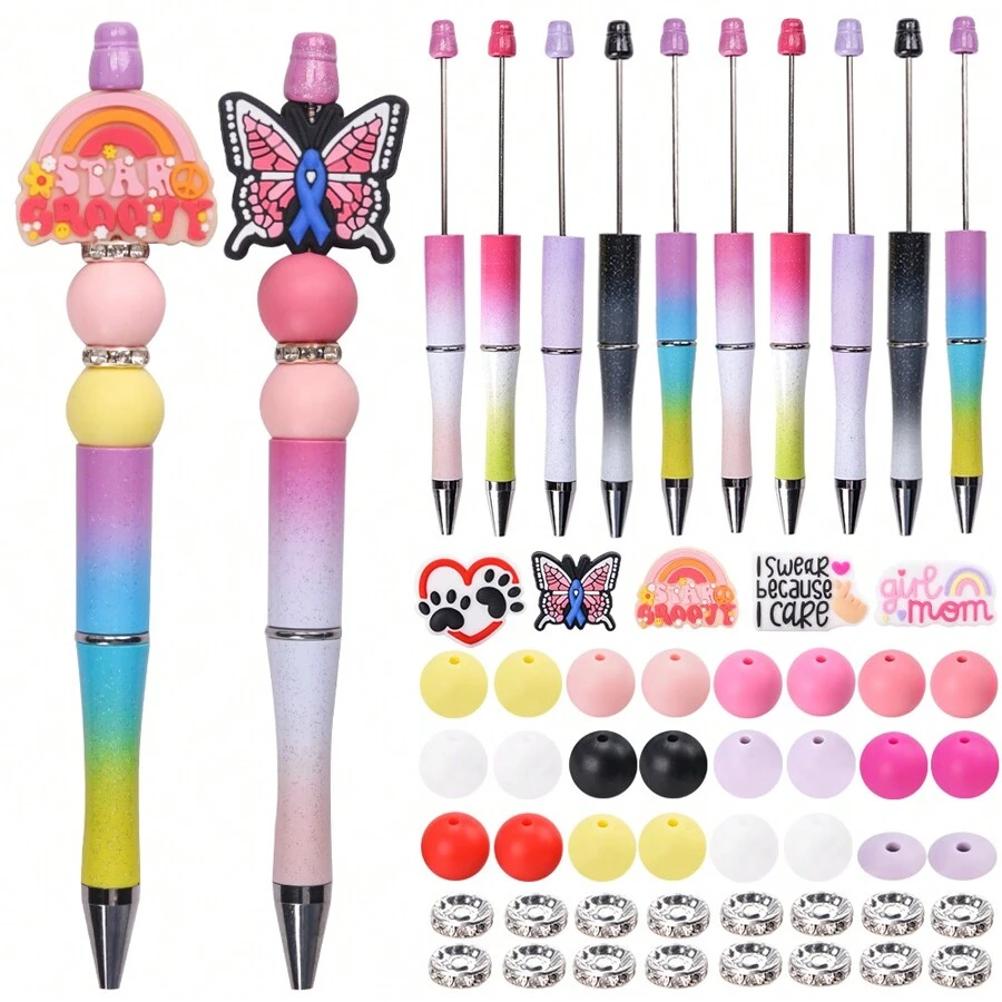 5 件套豪华硅胶串珠笔套件，卡通熊猫、考拉形状硅胶珠，各种款式硅胶焦点珠，多色珠子 DIY 套装，黑色墨水，适合女性办公室和学校（珠笔颜色随机） - DIY串珠筆套裝 - 查看 1