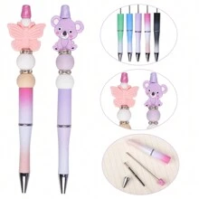 5 件套豪华硅胶串珠笔套件，卡通熊猫、考拉形状硅胶珠，各种款式硅胶焦点珠，多色珠子 DIY 套装，黑色墨水，适合女性办公室和学校（珠笔颜色随机） - DIY串珠筆套裝 - 查看 6