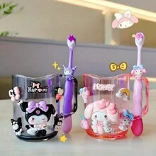 ( Sanrio) 2pcs Cute Cartoon KT Cat And Pudding Dog Toothbrush Holder Combination Set - PP Material, Suitable For Men And Women, Toothbrush Holder And Mouthwash Cup, Comes With Toothbrush And DIY Stickers Home Bathroom Decor Fall Decor Back To School