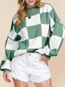 Áo len tay phồng kẻ caro xanh lá cây thanh lịch, áo dài tay kiểu dáng thường ngày - màu xanh lá - Xem 3